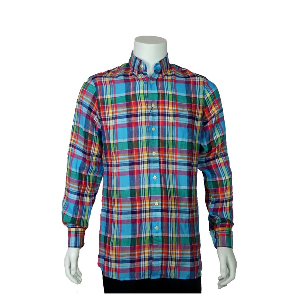 Hackett London Linen Plaid Tailored Fit Button Up Shirt w/ Tags, Blue, Size S